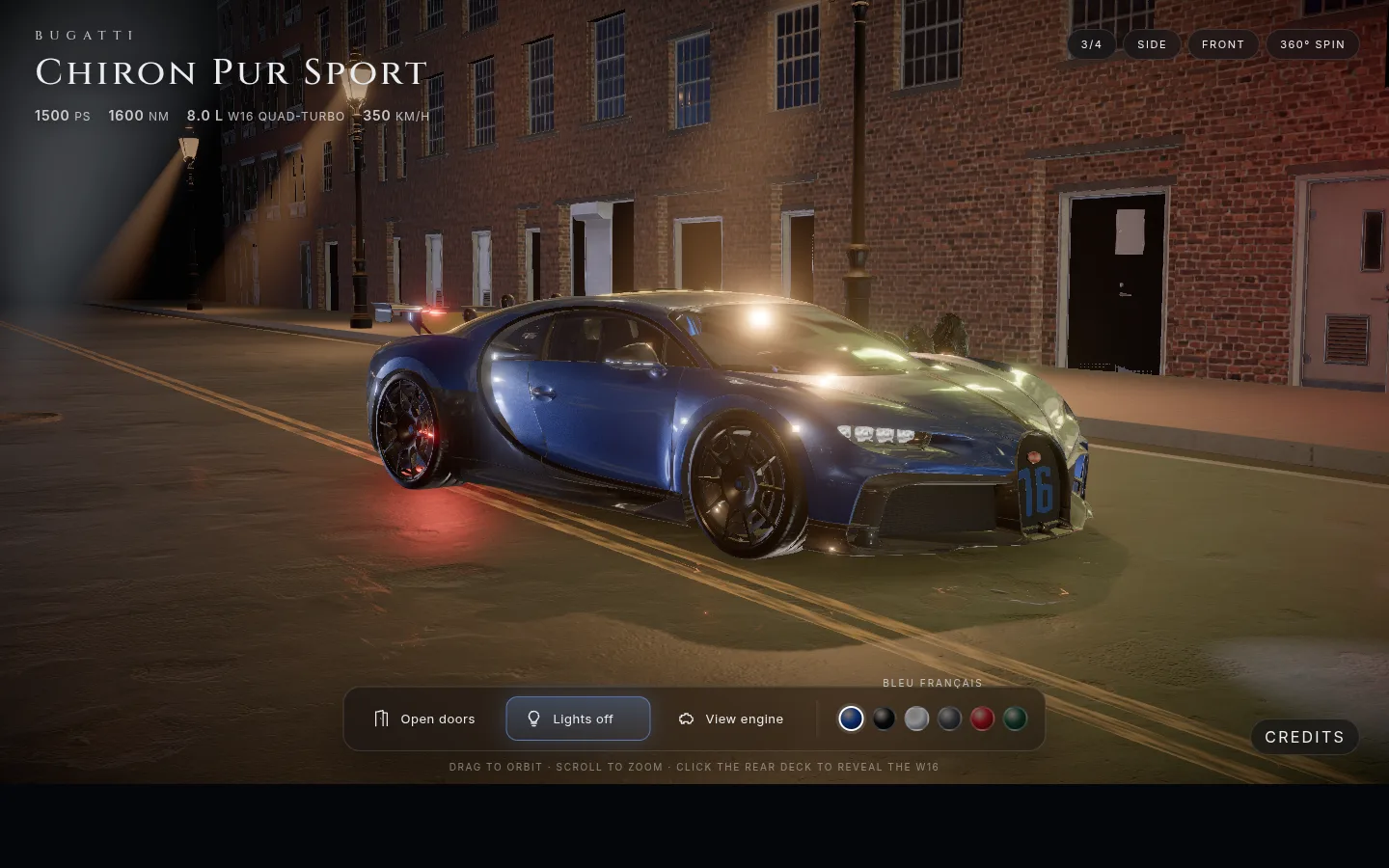 Night showcase with lights on, Bleu Français paint